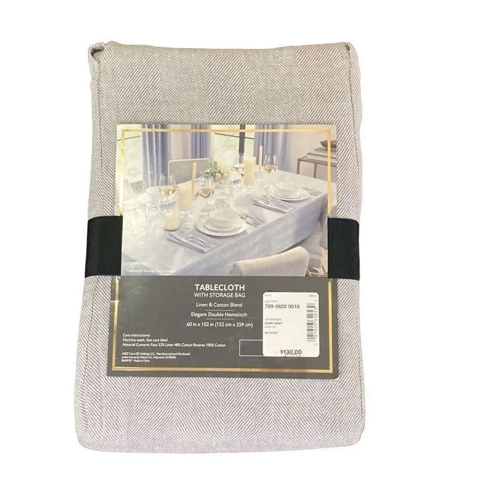 NWT Fieldcrest Luxury Linen Cotton Dark Grey Tablecloth + Storage Bag 60x102